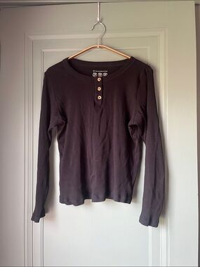 Primark Black Ribbed Henley Top with BrownButtons